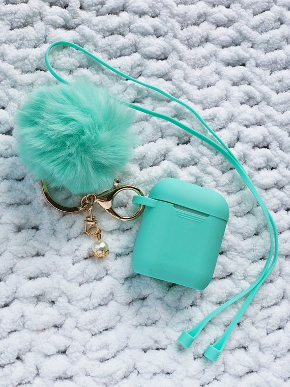 Cute Silicone Bright Teal Protective Airpods Case With Fur Ball