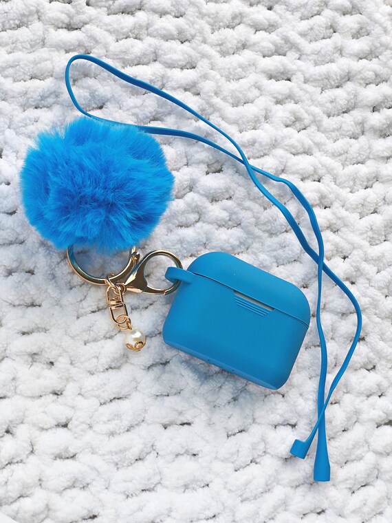 Cute Silicone Bold Blue Protective Airpods Case With Fur Ball Pom
