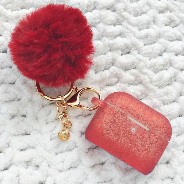 Cute Silicone Crimson Red Glitter Protective Airpods Case with Fur Ball Pom Pom Keychain Accessory for Apple Airpods Pro