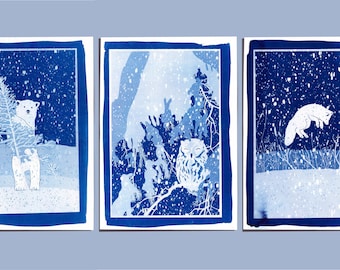 Triptych Seasons Cyanotype