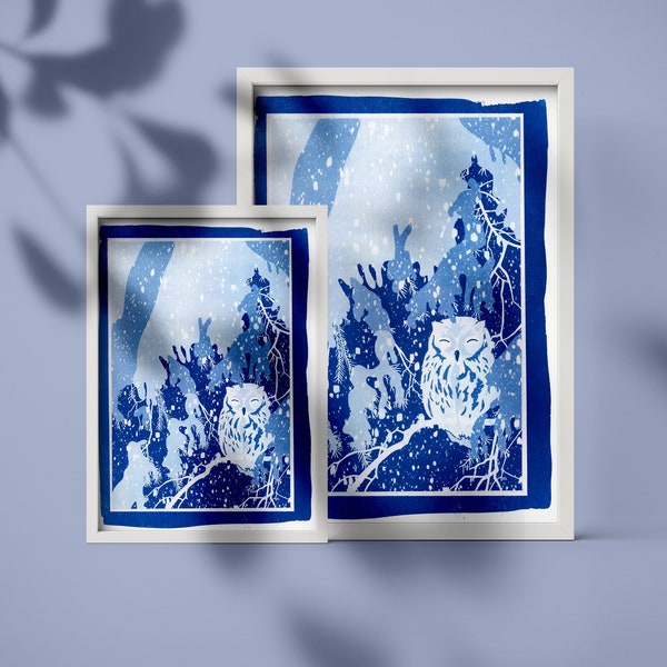 Chouette endormie (Cyanotype)