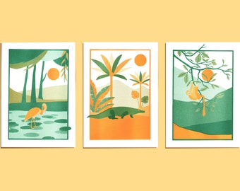 Triptych Risography Jungle/Birds/Felines