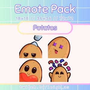 Potato Emote Pack for Twitch, YouTube, and Discord - Cute, Kawaii, Potato, Streamer, Love, Confetti, Celebrate, Hype, Salty, Death, Dead