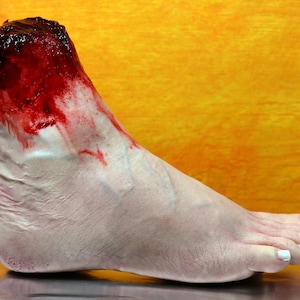 Bloody severed foot, very realistic.  Great for Halloween decoration, haunted house or horror prop