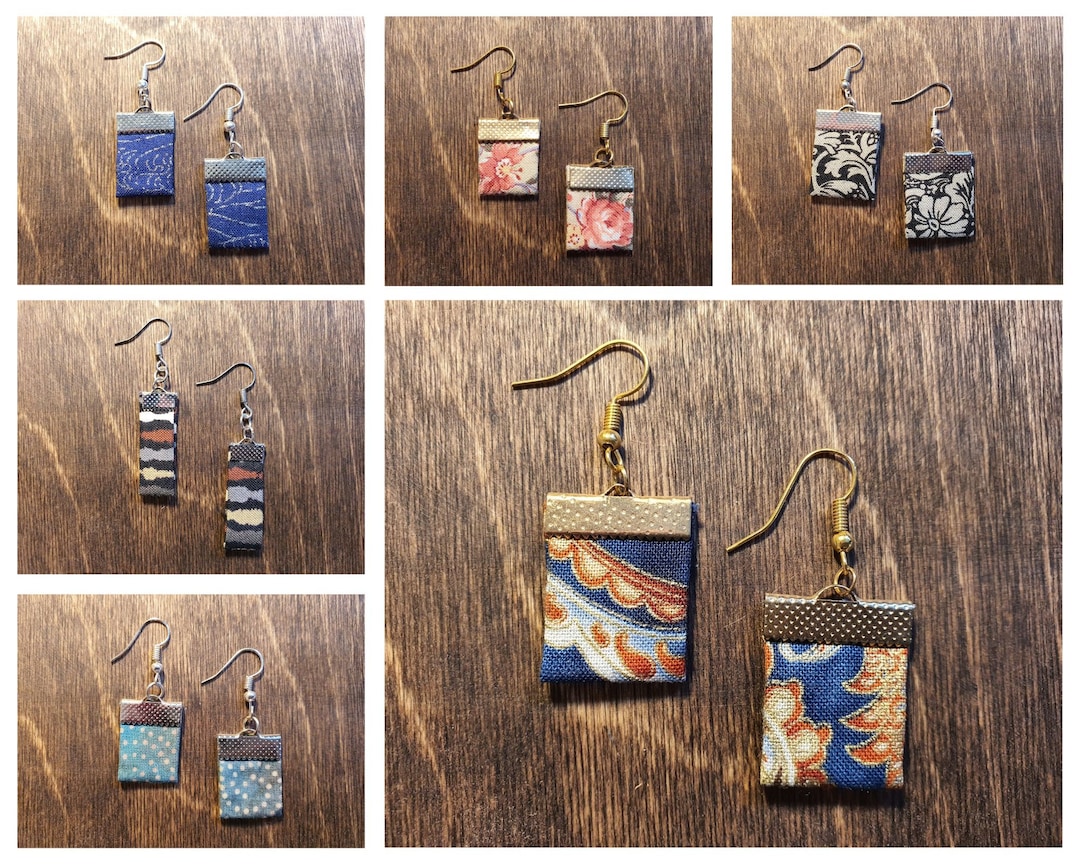 Fabric Dangle Earrings, Repurposed Fabric, Floral Pattern, Geometric