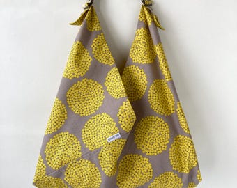 Japanese Knot Bag, Yellow Floral Reusable Bag, Mimosa Style Fabric Tote, Eco Friendly Market Bag, Handmade Gift for Her