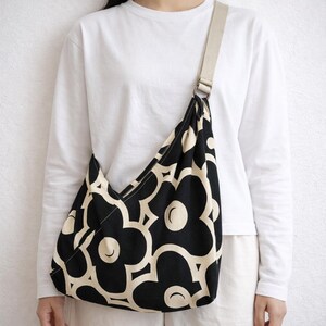 Bold Floral Tote Bag – Japanese Azuma Bag, Origami Style Reusable Fabric Bag, Black Large Flower Print Eco Friendly Shoulder Tote image 10