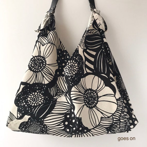 Bold Floral Tote Bag – Japanese Azuma Bag, Origami Style Reusable Fabric Bag, Black Large Flower Print Eco Friendly Shoulder Tote