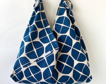 Blue Modern Geometric Japanese Knot Bag – Reusable Origami Style Tote, Eco Friendly Fabric Market Bag