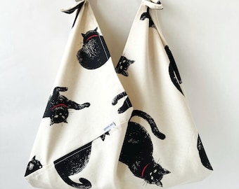 Bolso Azuma de Gato Negro: estilo origami japonés, un bonito regalo para amantes de los gatos, bolso de hombro de tela reutilizable, estampado minimalista de gato.