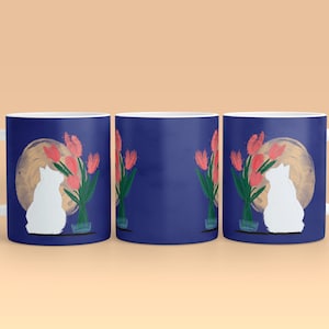 Occhiolino nei fiori - Tazza Mug Tazza da tisana/te/caffe stampata | Tazza stampata con amore con un gatto bianco - bel regalo
