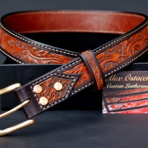 Hand Tooled Oak Leaf Leather Belt- Tan Brown 32&quot; waist