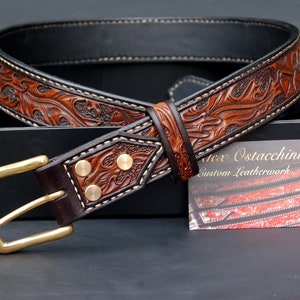 Hand Tooled Oak Leaf Leather Belt- Briar Brown Antique 36&quot; waist