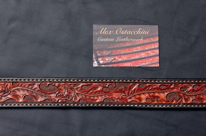 British Tan 32 waist Hand Tooled Oak Leaf Leather Belt