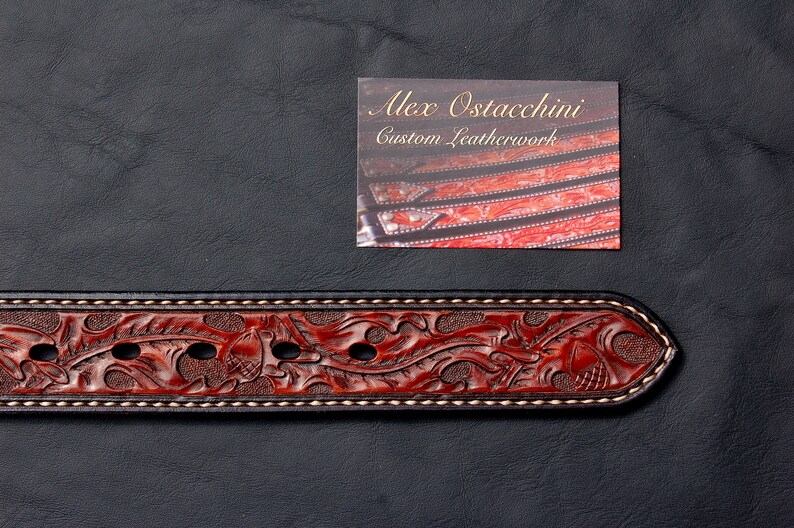 British Tan 32 waist Hand Tooled Oak Leaf Leather Belt
