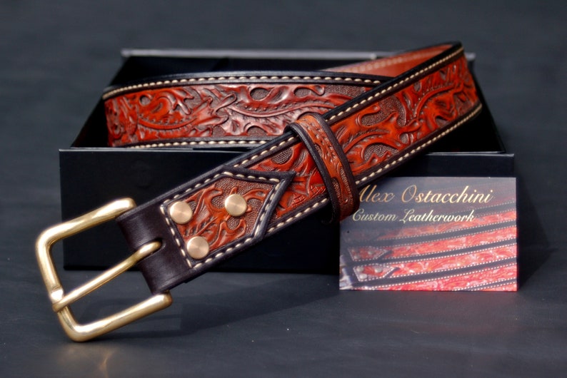 British Tan 32 waist Hand Tooled Oak Leaf Leather Belt