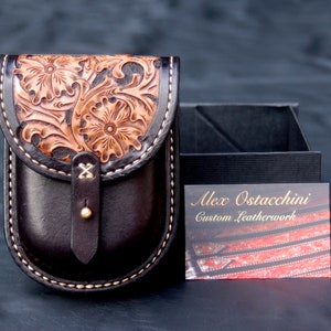 Hand Tooled Floral Western Leather Belt Pouch- Small, Black