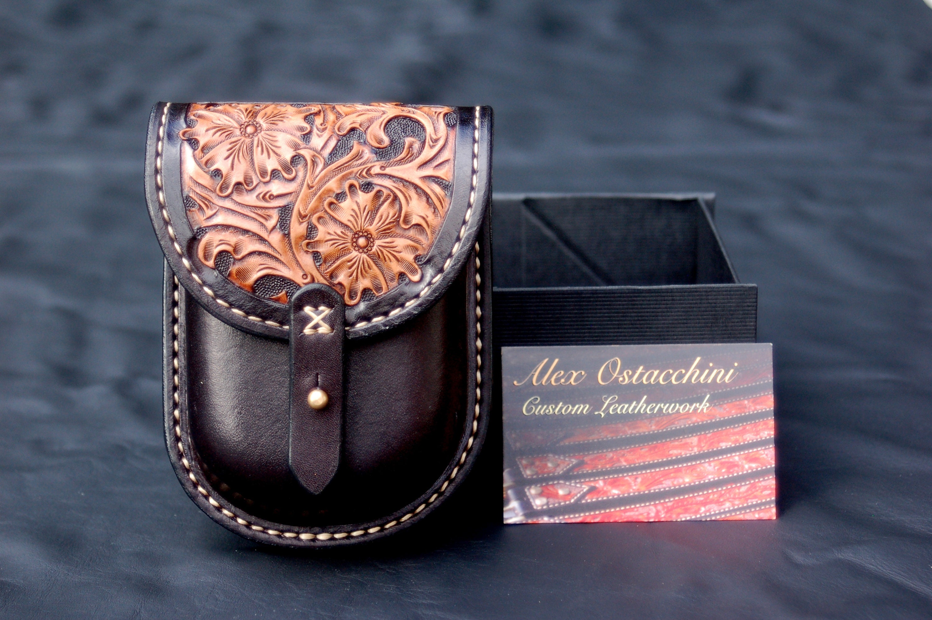 Hand Tooled Floral Western Leather Belt Pouch- Small, Black