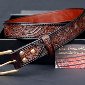 Hand Tooled Western Leather Belt- Dark Brown Antique 36&quot; waist