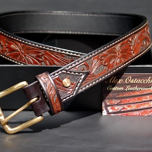 Hand Tooled Western Leather Belt- Dark Brown 36&quot; waist