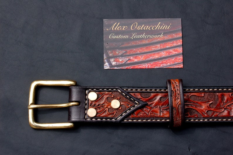 British Tan 32 waist Hand Tooled Oak Leaf Leather Belt