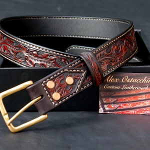 Hand Tooled Oak Leaf Leather Belt- Dark Mahogany 36&quot; waist