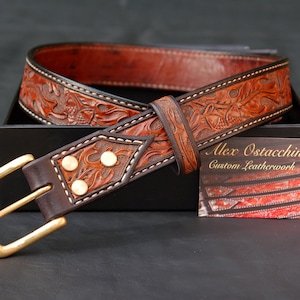 Hand Tooled Oak Leaf Leather Belt- Tan Brown 34&quot; waist