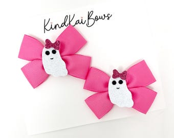 Halloween Pink Ghost Pigtail Bows, Pink Halloween, Halloween Hair Bows, Ghost Bows