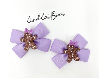 Pastel Christmas, Christmas hair bows, Gingerbread bows, Gingerbread girl bows, Lavender Christmas hair bows, Pigtail bows, Light purple bow