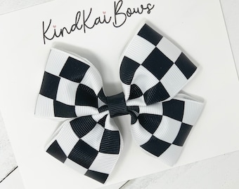 Checker Hair Bow, Racing flag hair bows, black and white bows, checkerboard hair bows