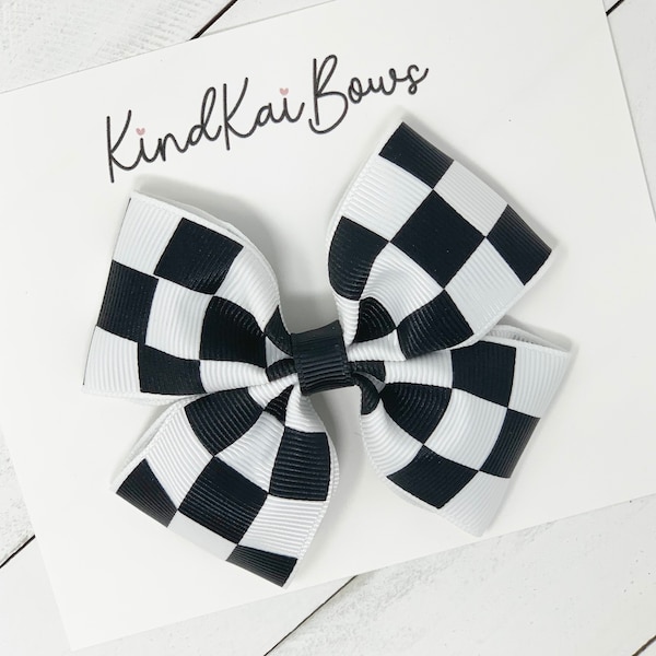 Checker Hair Bow, Racing flag hair bows, black and white bows, checkerboard hair bows