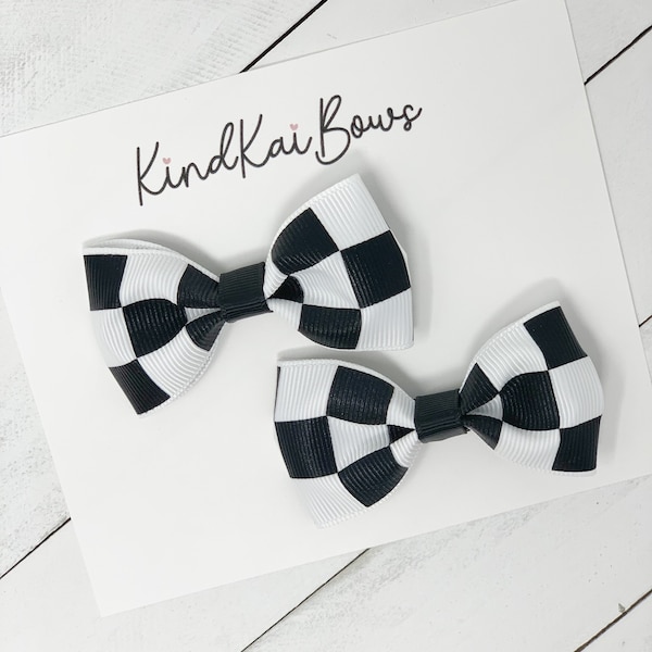 Checker Pigtail Hair Bows, Black and white hair bows, Racing flag hair bows, Checker Hair Bows, grosgrain ribbon checkerboard pigtail bows