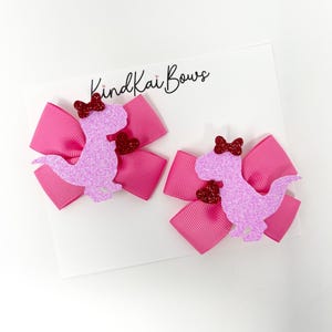 Pink Glitter Dinosaur Hair Bows: Valentine&#39;s Day Pigtail Set