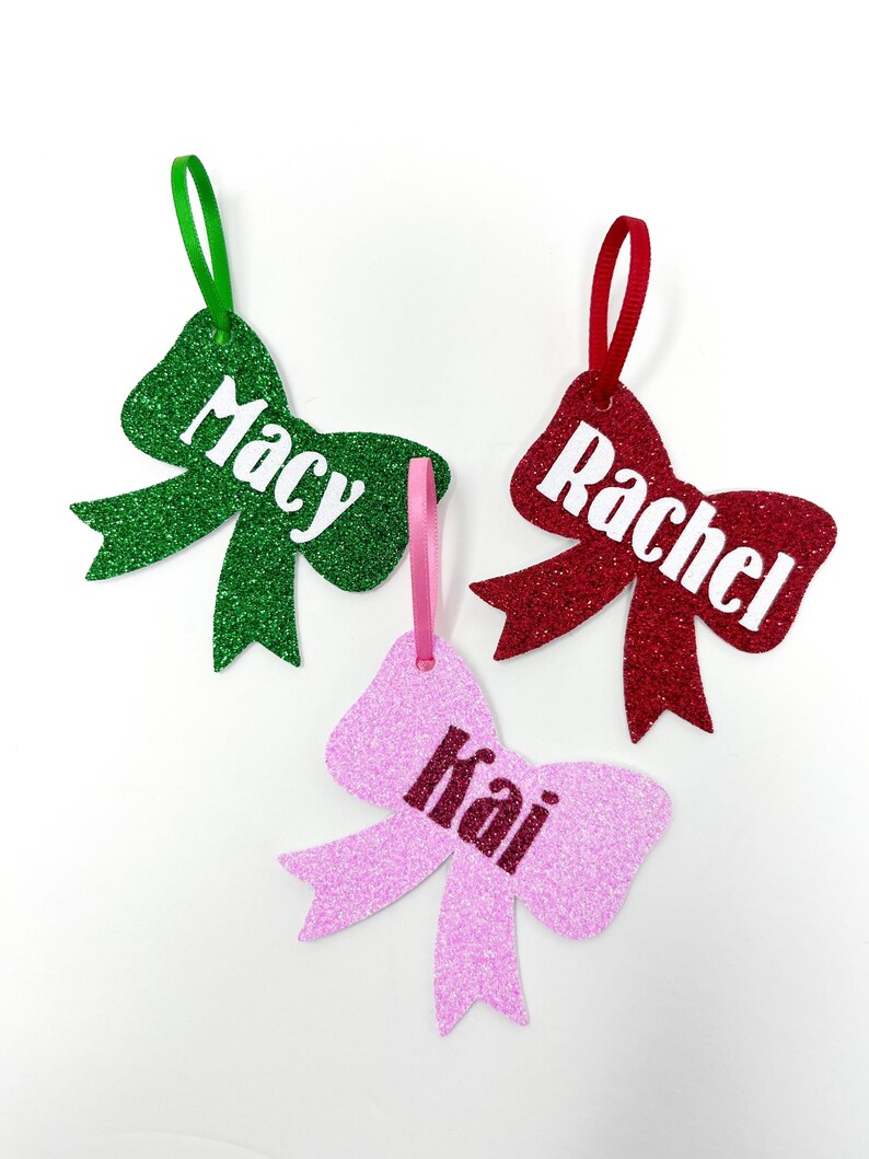Personalized Name Tags, Ornaments, Christmas Decor, Bow Ornament, Gift