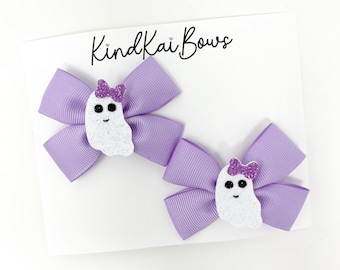 Halloween Lavender pigtail bows, ghost hair bows, Halloween hair bows, ghost and lavender hair bows, girly ghost bows, ghost bows, ghost bow