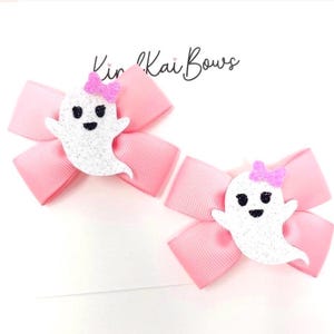 Pink Halloween Ghost Pigtail Bows, Glitter Hair Clips (Set of 2)