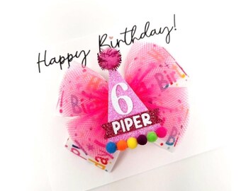 Personalisierte Geburtstag Haarschleife: Rosa Partyhut, Glitzer Name & Nummer