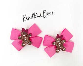 Pink Christmas, Christmas hair bows, Gingerbread bows, Gingerbread girl bows, Pink Christmas hair bows, Xmas, Pigtail bows, Pinkmas