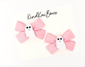 Pink Halloween Ghost Hair Bows, Halloween Hair Bows, Pink Ribbon Ghost Bows, Pink Halloween
