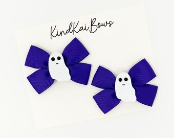 Halloween Pink pigtail bows, ghost hair bows, Halloween hair bows, ghost and pink hair bows, Halloween bows, purple ghost bows