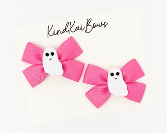 Pink Halloween Hair Bows, Glitter Ghost Pigtail Bows, Set of 2, Ghost Bows