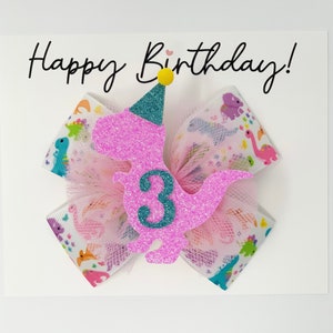 Dinosaur Birthday Hair Bows, Personalized Birthday Number bows, pastel dinosaur hair bows, dinosaur birthday, pink dinosaurs, T-Rex bows