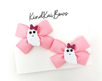 Halloween Ghost Pigtail Bows, Glitter Ghost Hair Bows, Girly Ghost Bows, Pink Halloween