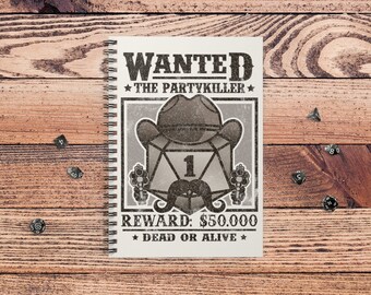 May include: A vintage-style wanted poster with a cartoon illustration of a dice with a cowboy hat and mustache. The poster reads "WANTED THE PARTYKILLER" and "REWARD: $50,000 DEAD OR ALIVE".