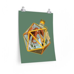 May include: A poster featuring a fantasy scene inside a geometric bottle. A red dragon breathes fire at two figures near a waterfall. The bottle has a gold frame and a tag that reads "BATTLE IN A BOTTLE". The background is a muted green.
