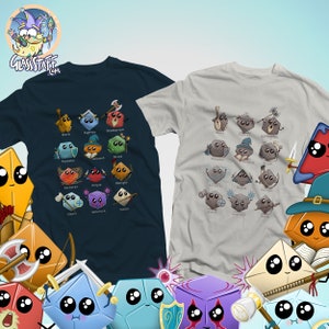 May include: Two t-shirts with a blue and a grey background, featuring a grid of 12 cartoon dice with different class symbols and names. The dice are all white with black outlines and have cute faces. The shirts are surrounded by a variety of colorful dice with different symbols and faces.