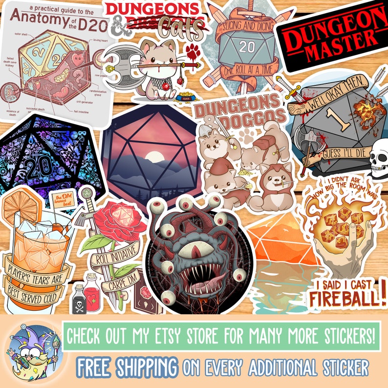 K&ouml;nnte beinhalten: Eine Sammlung bunter Aufkleber mit Dungeons and Dragons-Motiven. Die Aufkleber zeigen verschiedene Designs, wie z. B. einen 20-seitigen W&uuml;rfel, eine Katze, einen Hund, ein Monster und einen Feuerball. Die Aufkleber sind perfekt, um Ihren Besitzt&uuml;mern einen Hauch von Fantasie zu verleihen.