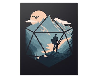May include: A poster featuring a warrior silhouette standing on a rocky peak, holding a sword and shield, framed within a geometric shape. The background shows a mountain range, river, and a setting sun. The color palette includes shades of blue, orange, and black.