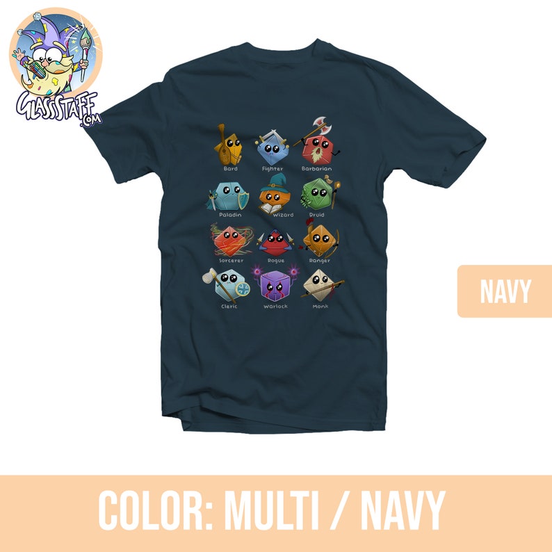 May include: A navy blue t-shirt with a graphic of 12 different Dungeons and Dragons character classes represented as dice. Each die has a different color and features a symbol representing the class. The text "Bard", "Fighter", "Barbarian", "Paladin", "Wizard", "Druid", "Sorcerer", "Rogue", "Ranger", "Cleric", "Warlock", and "Monk" is printed below each die.