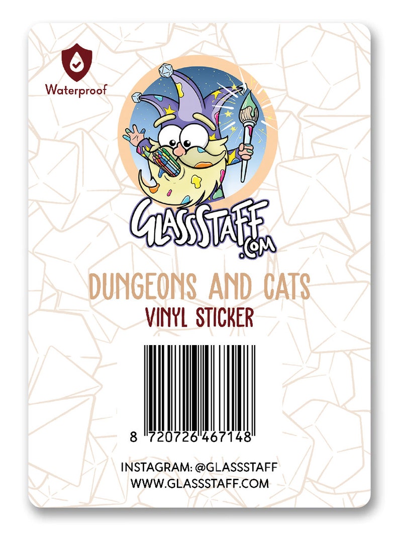 K&ouml;nnte beinhalten: Ein Vinyl-Aufkleber mit einem Cartoon-Zauberer mit einem Pinsel und einem bunten Bart. Der Aufkleber ist wei&szlig; mit einem schwarz-wei&szlig;en Barcode und dem Text "Dungeons and Cats Vinyl Sticker" und "GLASSTAFF.COM".
